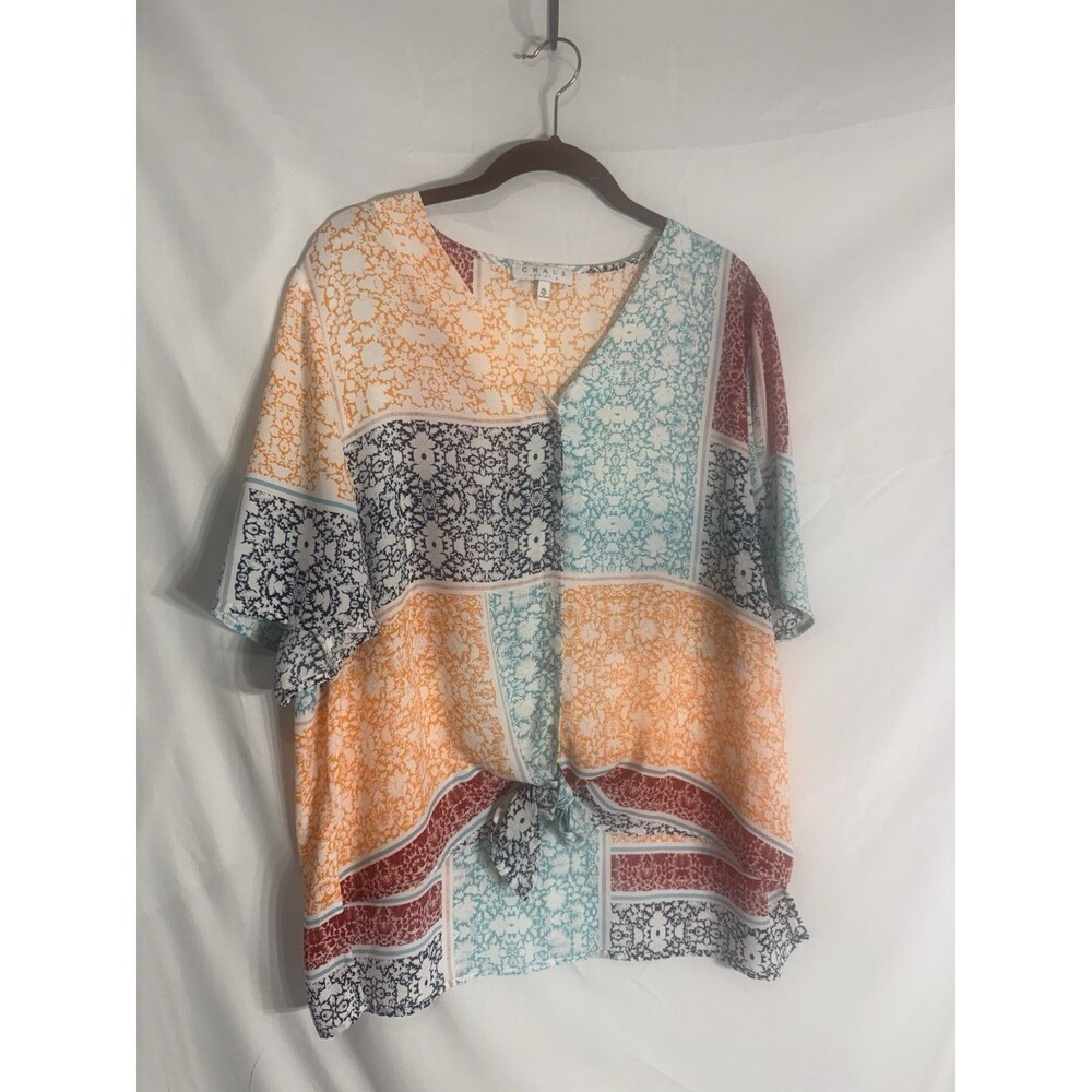 Chaus Patch Work Button Front Tie Blouse Sz XL